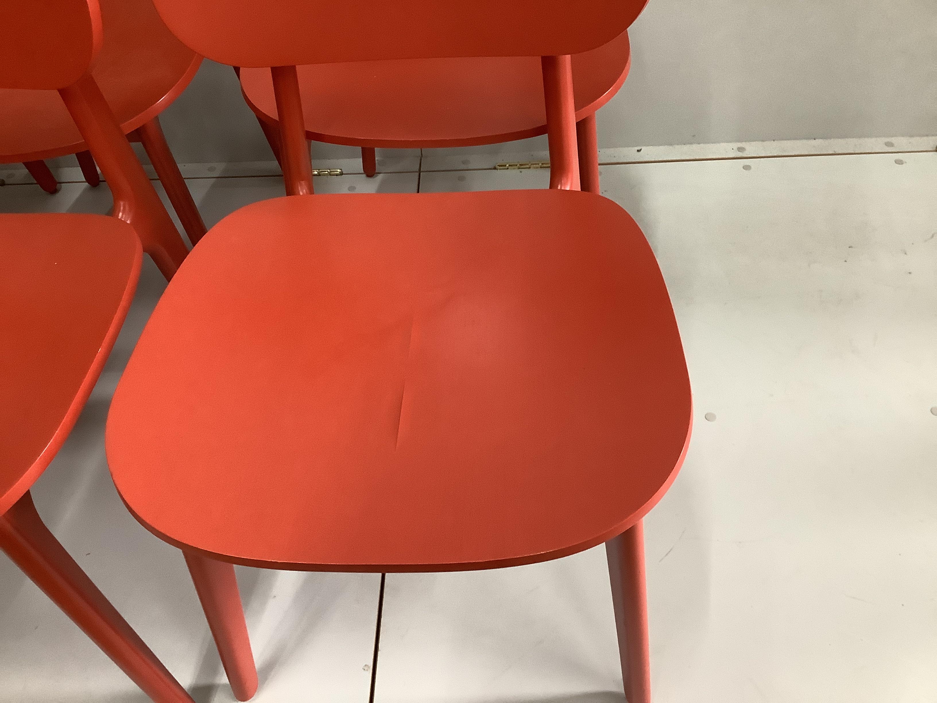 In the manner of Pearson Lloyd, a set of eight PLC type red lacquer oak chairs, width 47cm, depth 50cm, height 75cm